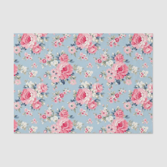 Cottage Pink Roses on Blue Background Tissue Paper (Front)