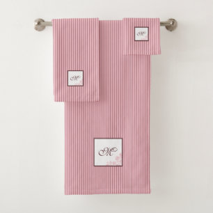Cottage Pink Strip Rose Lace Script Monogram Bath  Towel Set