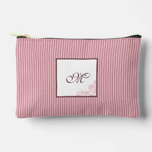 Cottage Pink Stripe Rose Pattern Script Monogram Accessory Pouch