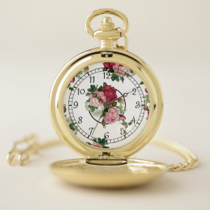 Cottage Roses and Modern Numbers Pocket Watch