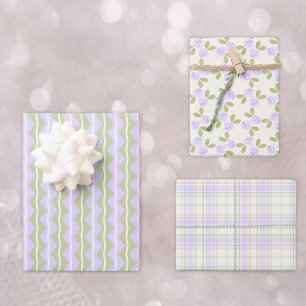 Cottage Roses, Tartan and Stripes Set in purple Wrapping Paper Sheet