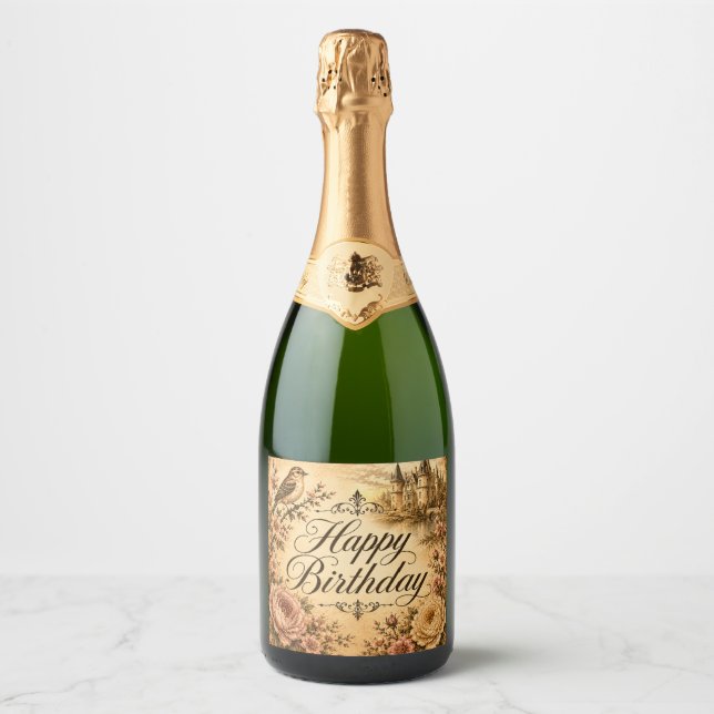 cottage style birthday champagne bottle label (Front)