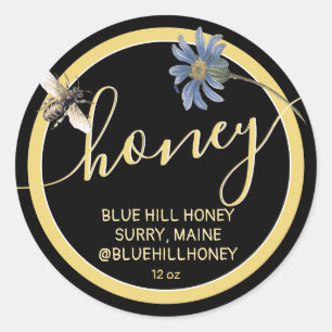 Cottage Style Blue Flowers Honey Label Bee Black