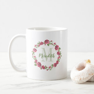 Cottage Style Floral Pink Roses Wreath Monogram Coffee Mug