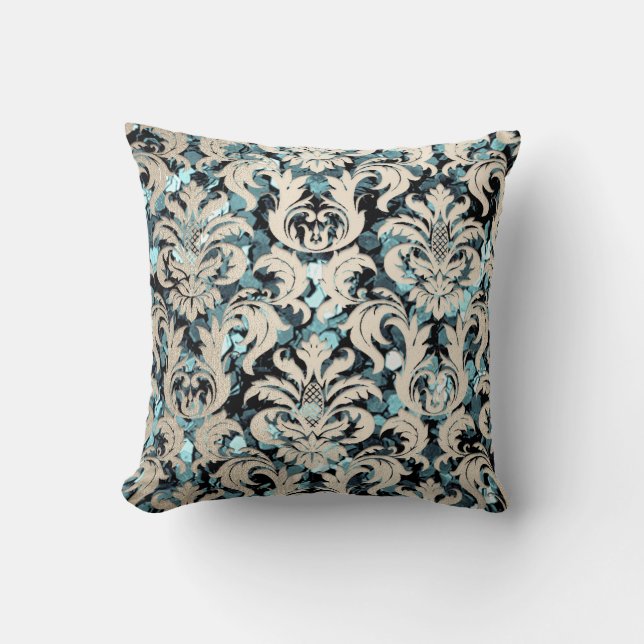 Cottage Teal Aquatic Silver Damask Sepia Sequin Cushion (Front)