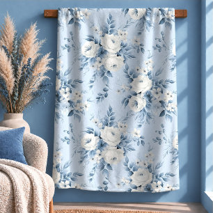 Cottage Vintage Blue White Botanical Blanket Art