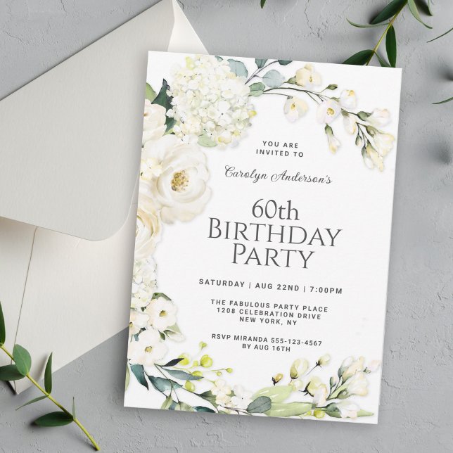 Cottage White Floral 60th Birthday Party Invitation (Available as printed or paperless digital download!)