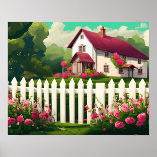 Cottage with a White Picket Fence and Flowers Poster