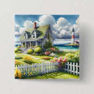 Cottage With View Of The Lighthouse 15 Cm Square Badge