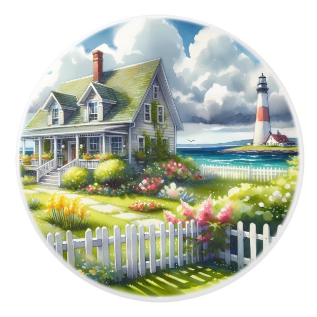 Cottage With View Of The Lighthouse Ceramic Knob (Front)