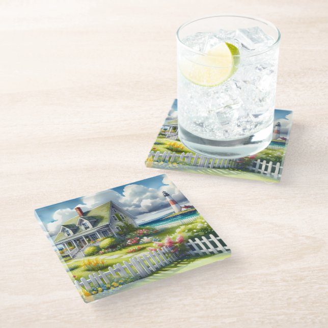 Cottage With View Of The Lighthouse Glass Coaster (Angled)