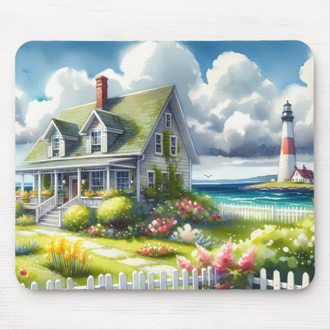Cottage With View Of The Lighthouse Mouse Mat (Front)