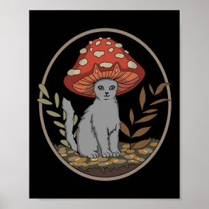 Cottagecore Aesthetic Cat With Mushroom Hat  Poster