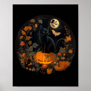 Cottagecore Aesthetic Floral Black Cat Pumpkins Poster