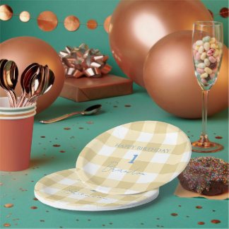 Cottagecore Baby Blue Plaid Birthday Paper Plate