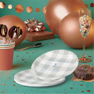 Cottagecore Baby Blue Plaid Birthday Paper Plate