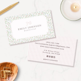 Cottagecore Babysitter Floral Vintage Pink Stripe Business Card