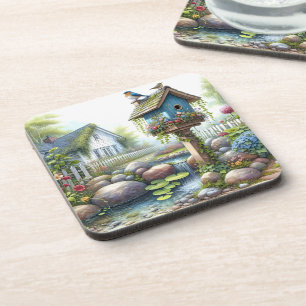 Cottagecore Birdhouse Garden Watercolor Coaster