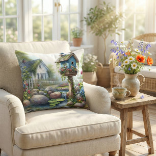 Cottagecore Birdhouse Garden Watercolor Cushion