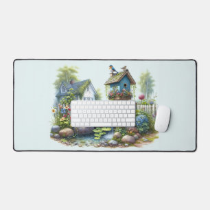 Cottagecore Birdhouse Garden Watercolor Desk Mat