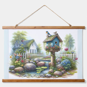 Cottagecore Birdhouse Garden Watercolor Hanging Tapestry