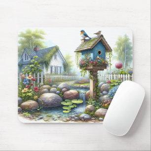 Cottagecore Birdhouse Garden Watercolor Mouse Mat
