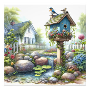 Cottagecore Birdhouse Garden Watercolor Photo Print