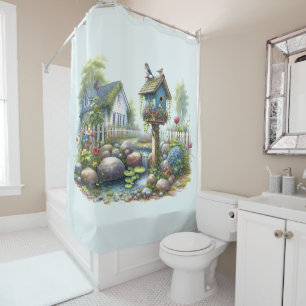 Cottagecore Birdhouse Garden Watercolor Shower Curtain
