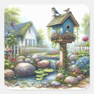 Cottagecore Birdhouse Garden Watercolor Square Sticker