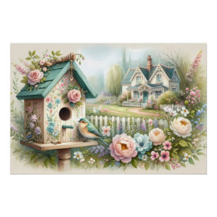 Cottagecore Birdhouse with Floral Garden Poster