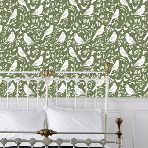 Cottagecore Birds on Green Wallpaper