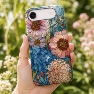 Cottagecore Blue and Pink Floral Stained Glass 