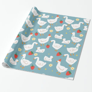 cottagecore blue bow ducks strawberry  wrapping paper