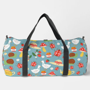 cottagecore blue ducks ladybugs mushrooms duffle bag