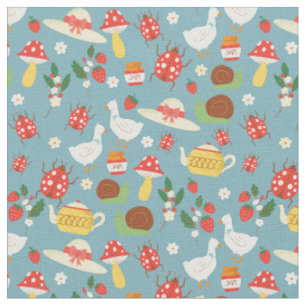 cottagecore blue ducks ladybugs mushrooms fabric
