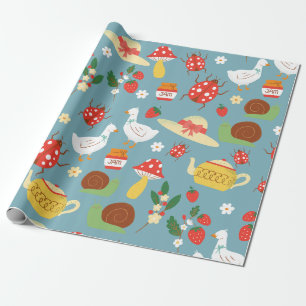cottagecore blue ducks ladybugs mushrooms wrapping paper