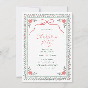 Cottagecore Bow Watercolor Holly Christmas Party Invitation