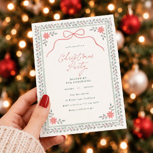Cottagecore Bow Watercolor Holly Christmas Party Invitation