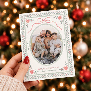 Cottagecore Bow Watercolor Holly Christmas Photo Holiday Card