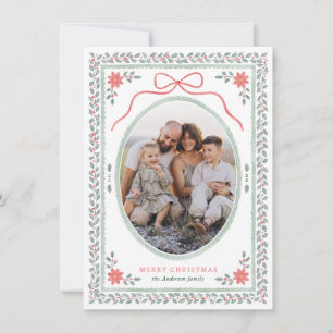 Cottagecore Bow Watercolor Holly Christmas Photo Holiday Card