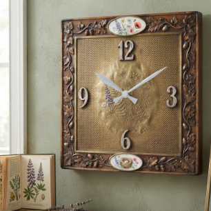 Cottagecore Brass & Wood Rustic Farmhouse Square Wall Clock