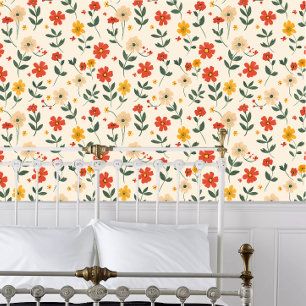 Cottagecore Bright Red and Yellow Flowers Wallpaper