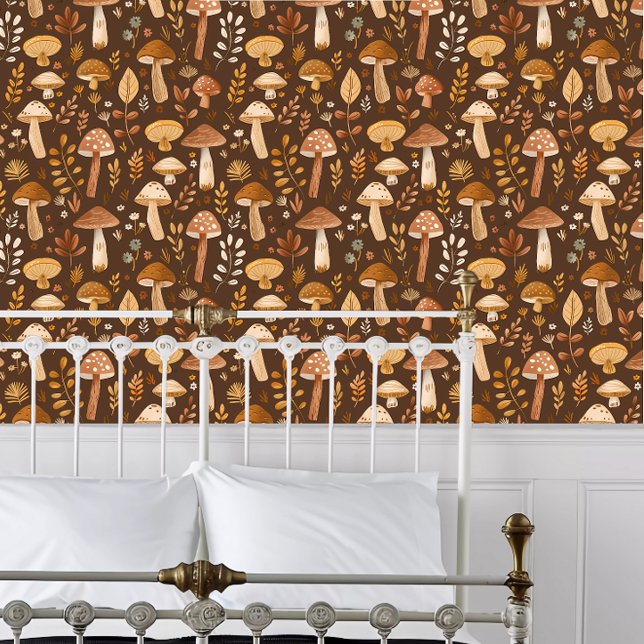 Cottagecore Brown Mushrooms Wallpaper (Cottagecore Brown Mushrooms Wallpaper behind a white metal bed frame. )