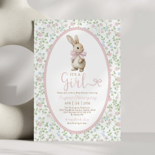 Cottagecore Bunny Pink Bow Floral Girl Baby Shower Invitation