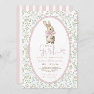 Cottagecore Bunny Pink Bow Floral Girl Baby Shower Invitation