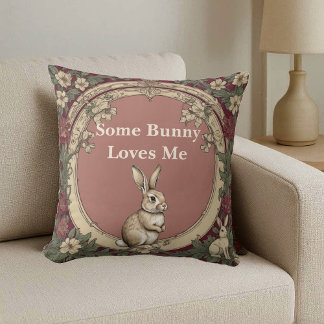 Cottagecore Burgundy Some Bunny Loves Me Vintage  Cushion