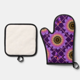 Cottagecore Butterfly & Flower Grid Pattern Oven Mitt & Pot Holder Set