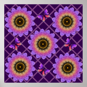Cottagecore Butterfly & Flower Grid Pattern Poster
