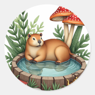 Cottagecore Capybara Hot Spring Poetcore Watercolo Classic Round Sticker