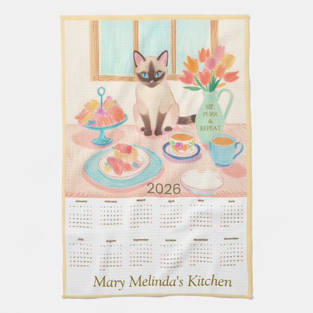 Cottagecore Cat & Tea 2026 Kitchen Towel Calendar (Vertical)